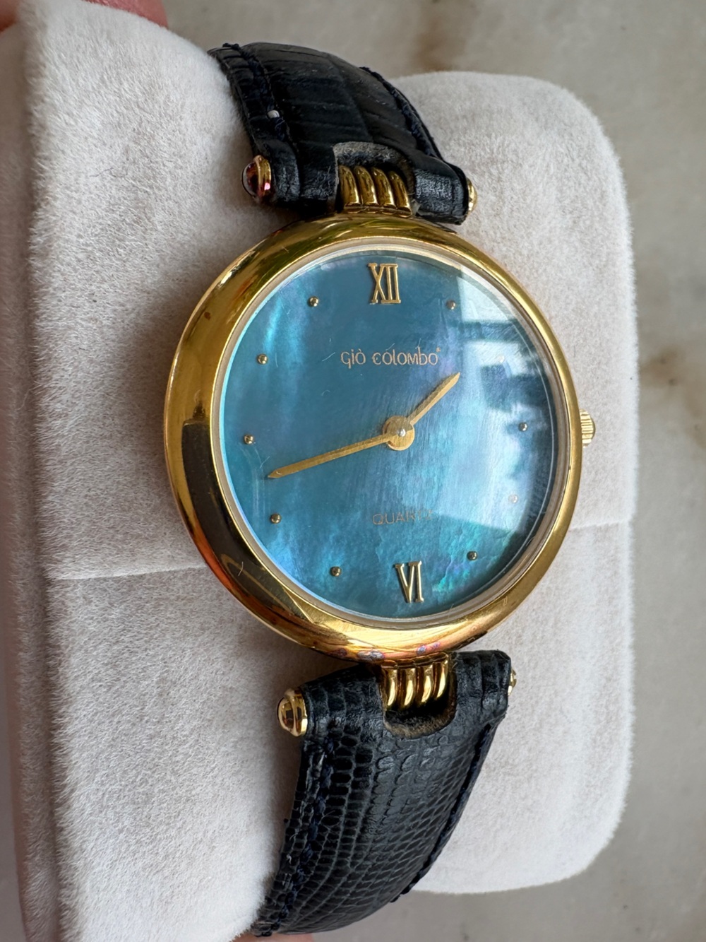 q&q Collection Women's Blue Dial Gold-Tone Watch with Black Strap